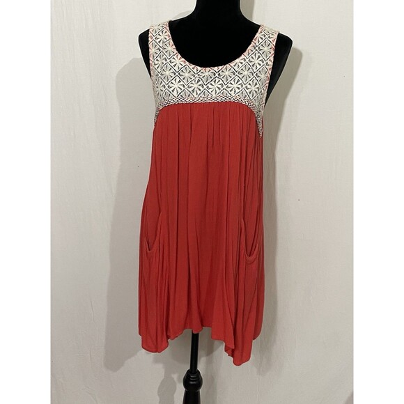 Umgee Womens Tunic Dress L Red Coral Mesh Accent Pockets - Picture 1 of 8